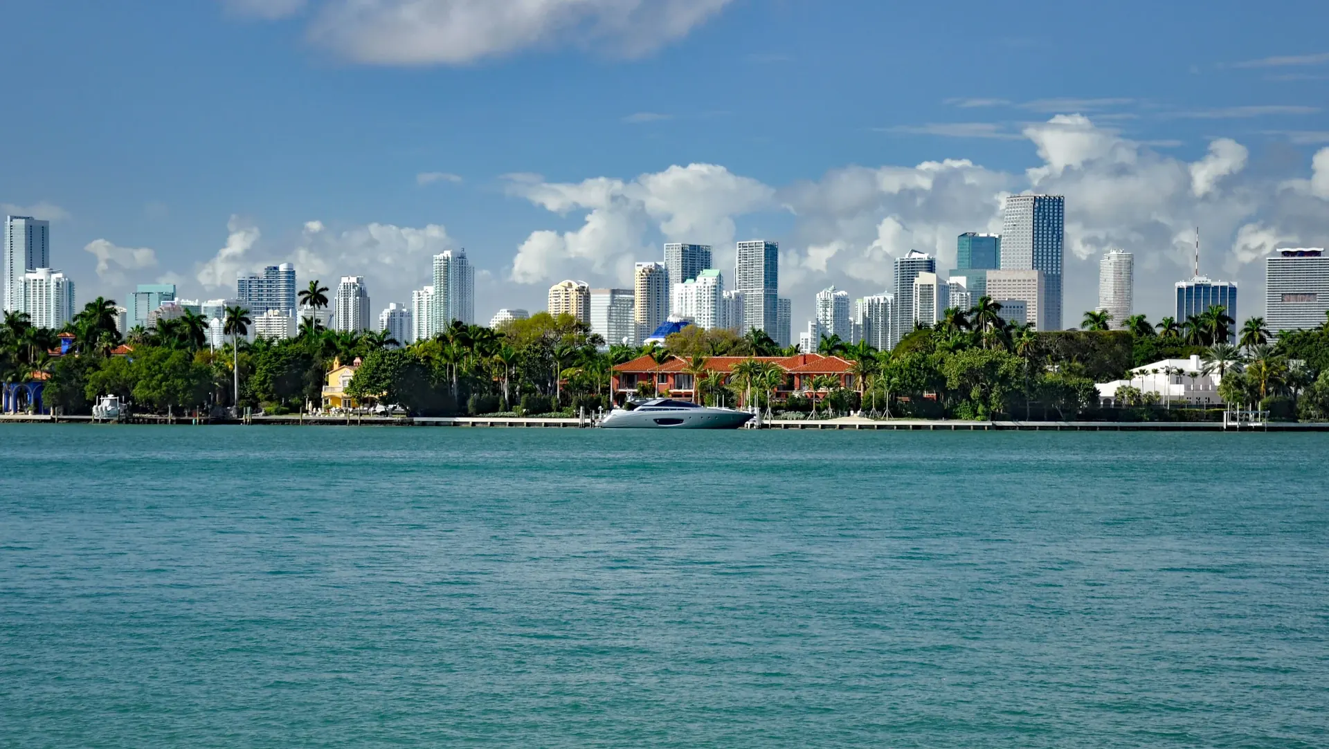 Miami skyline behind the islands of Biscayne Bay