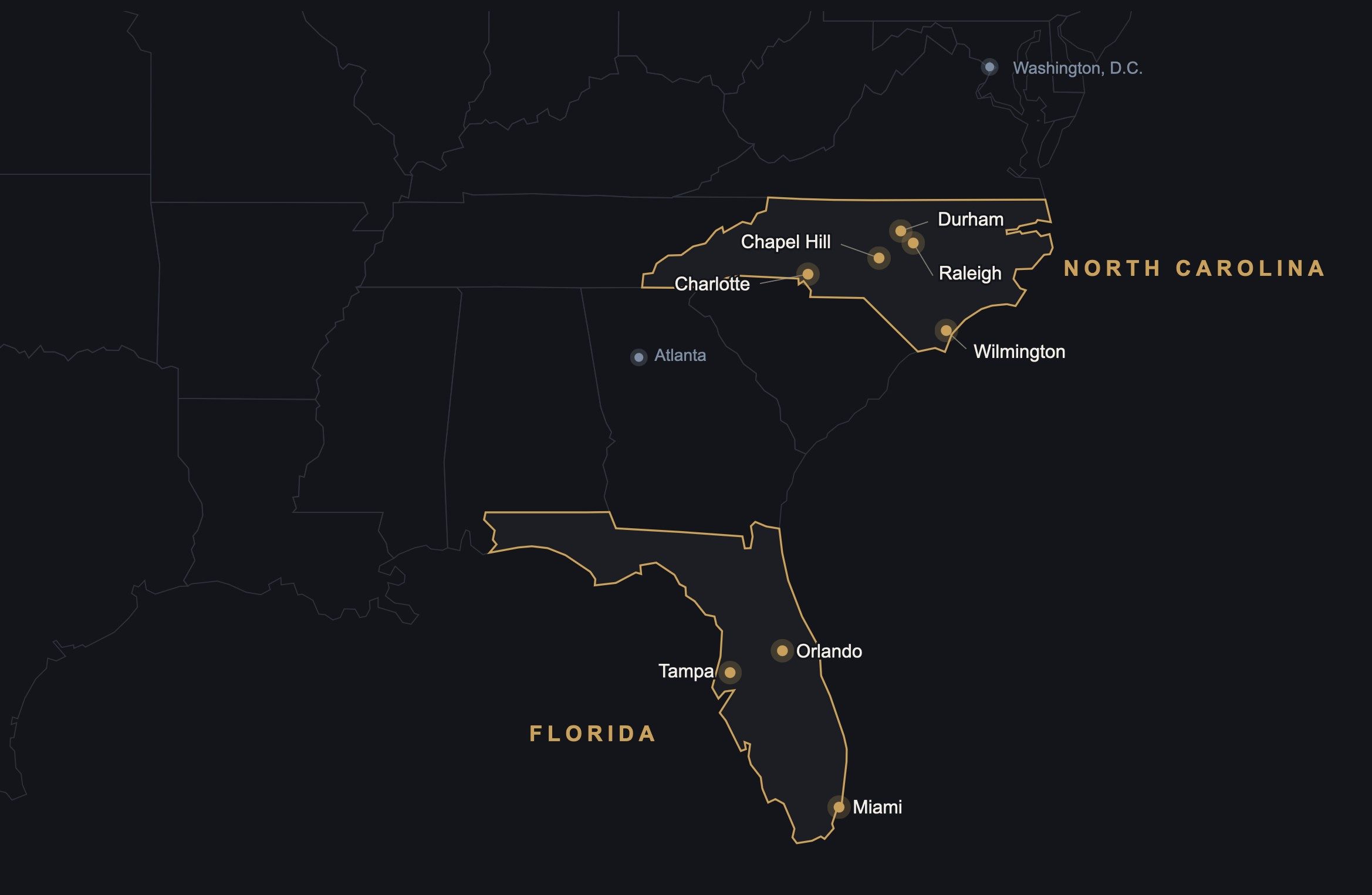 Map of serviced markets in North Carolina and Florida