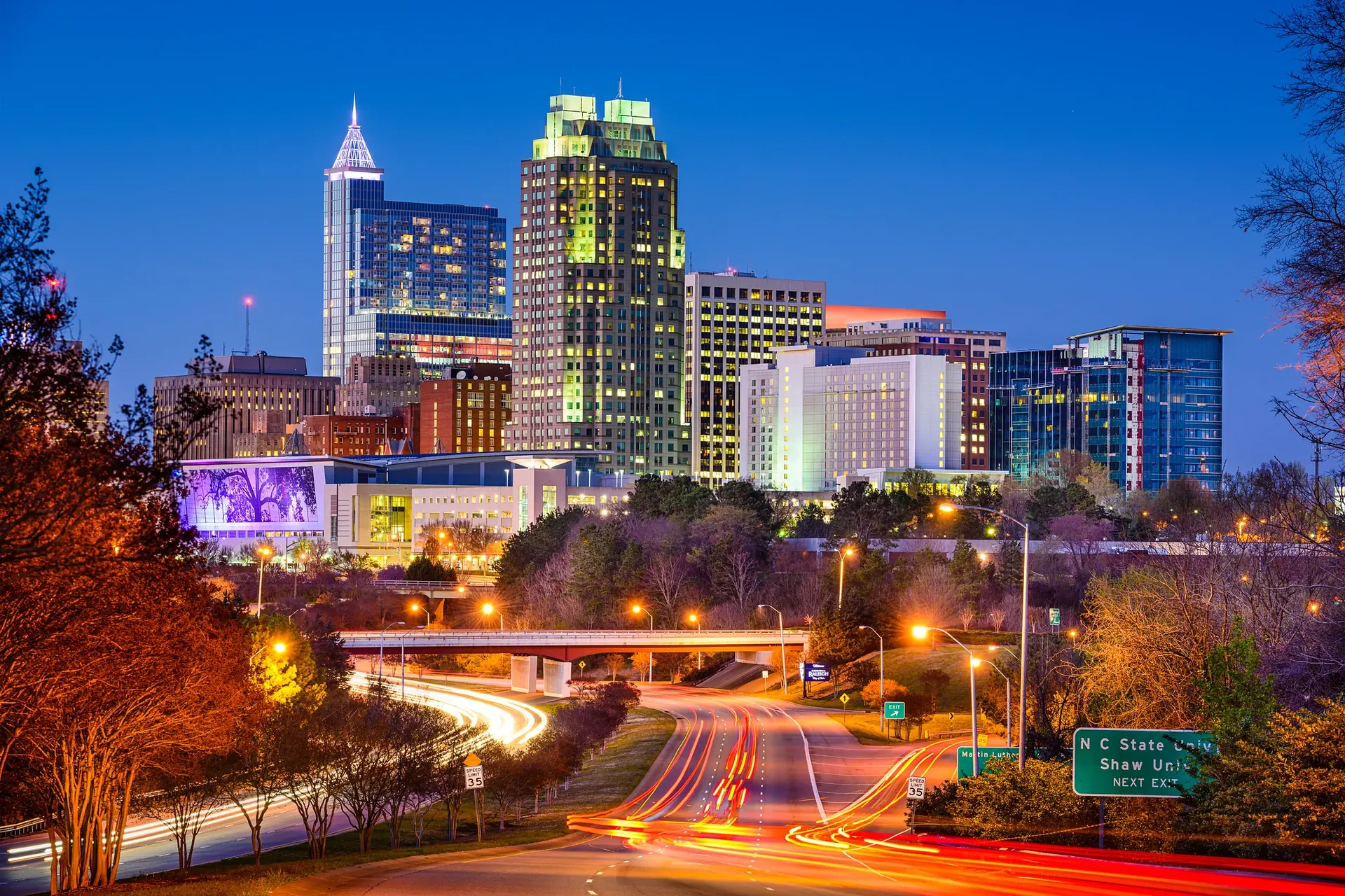 Downtown Raleigh skyline at dusk