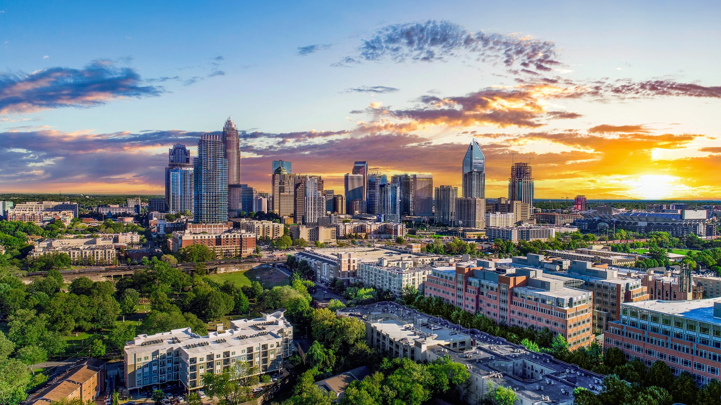 Aerial view of Uptown Charlotte at sunset