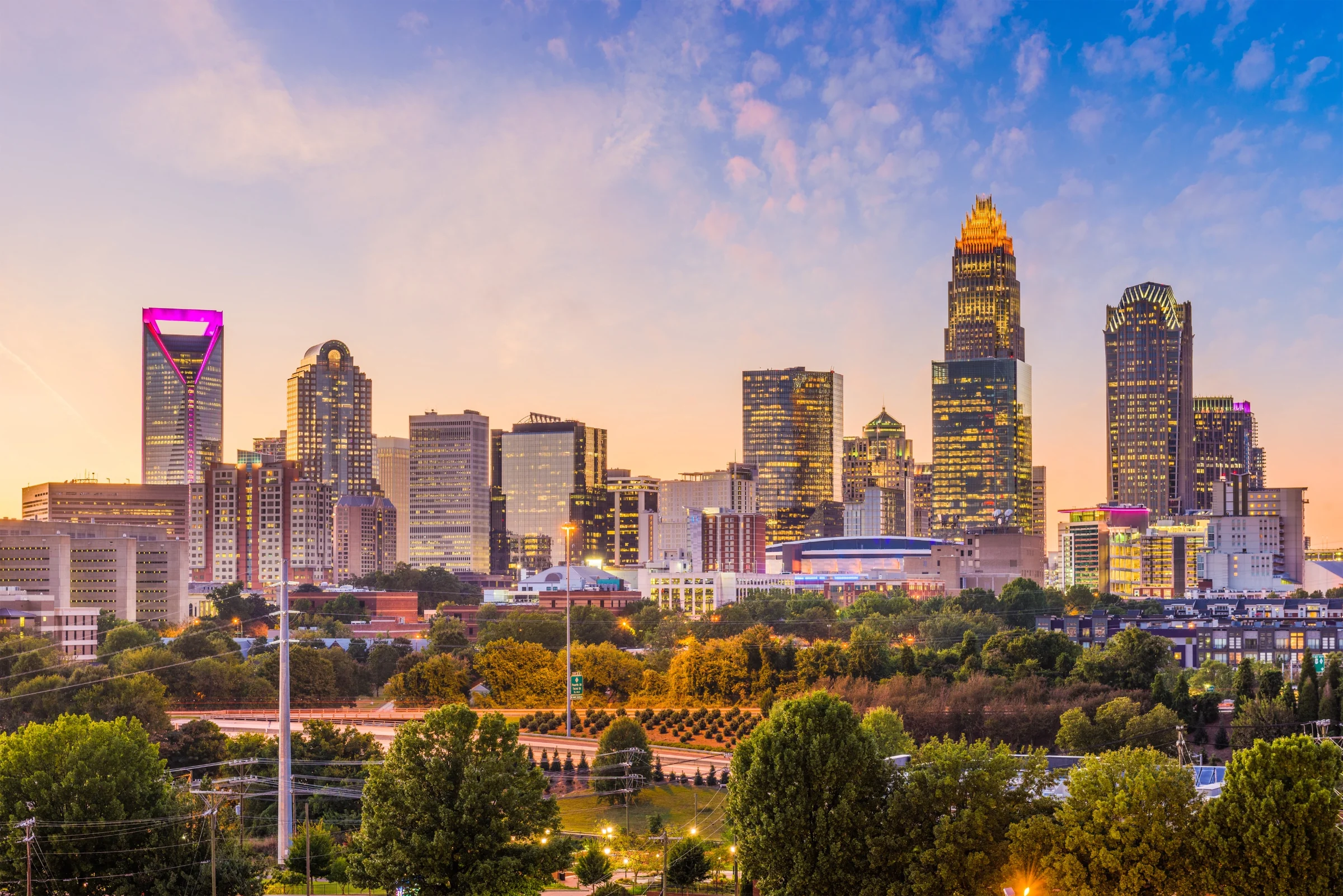 Uptown Charlotte skyline at dusk