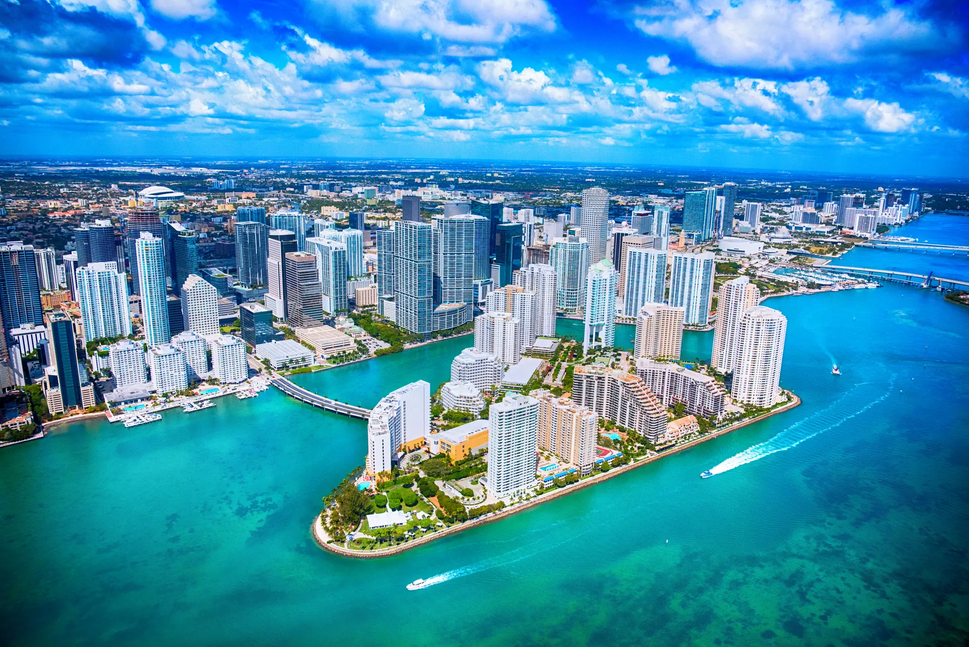Aerial view of Brickell and Biscayne Bay, Miami
